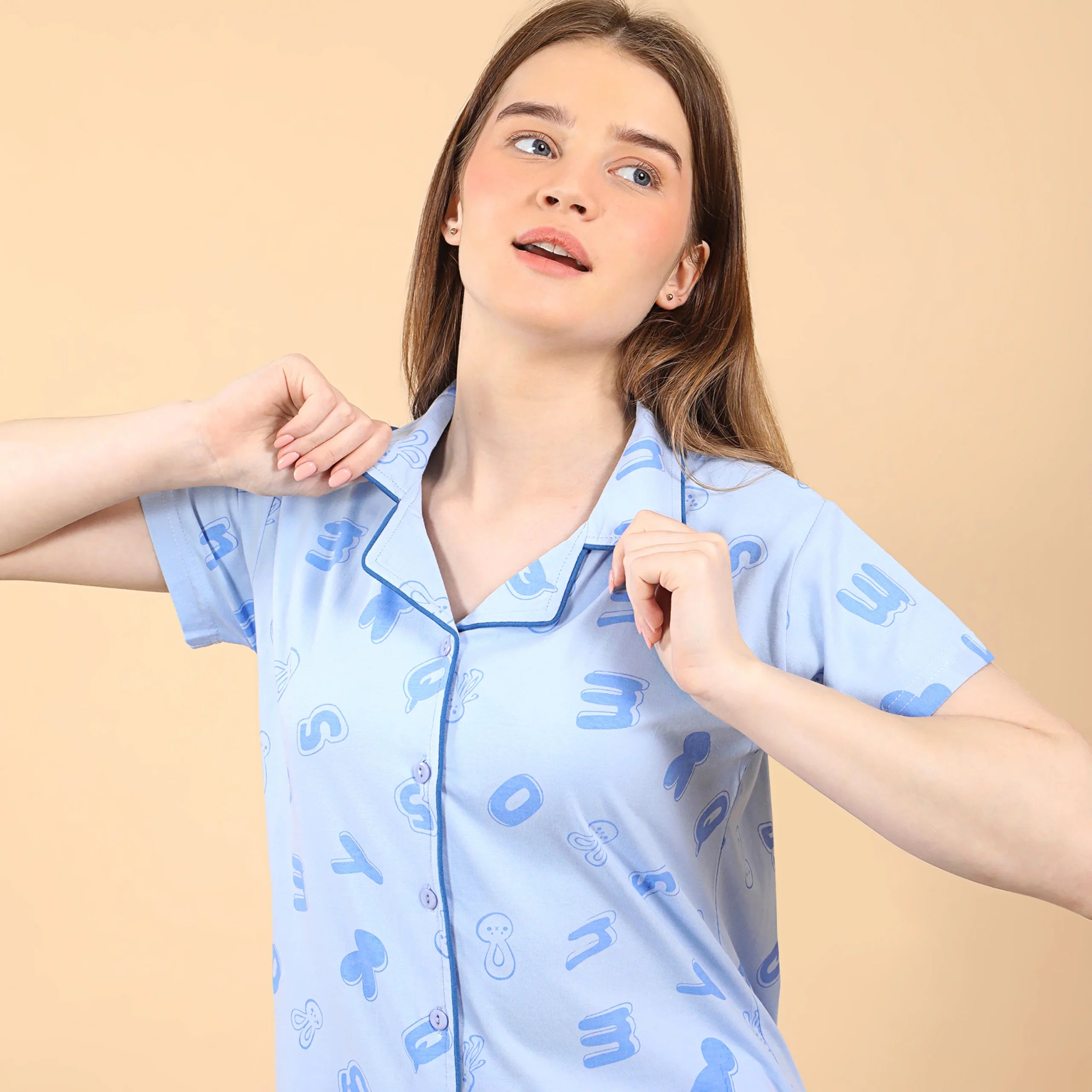 Letter Collared Night Suit