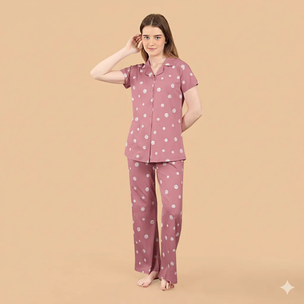 Smiley Collared Night Suit