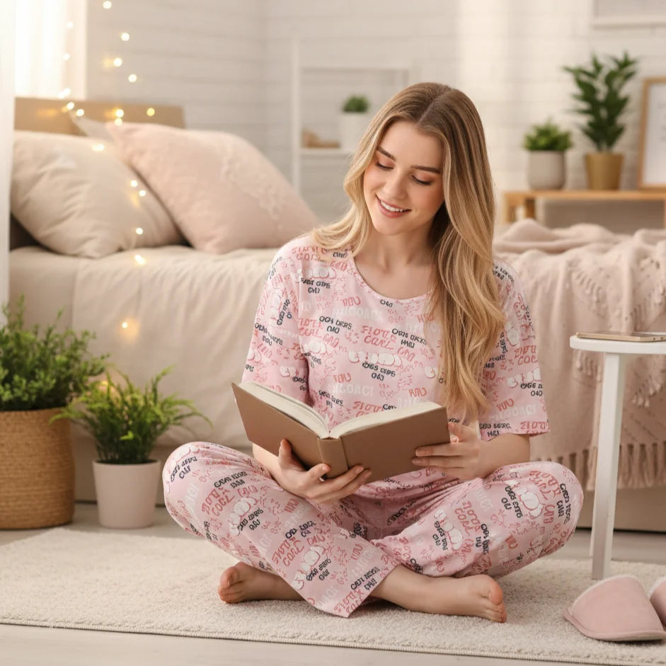 Be Cool Co-ordset Nightsuit for women knit cotton nightwear Light Pink