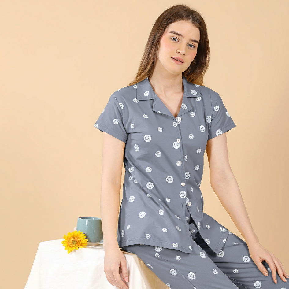 Smiley Collared Night Suit