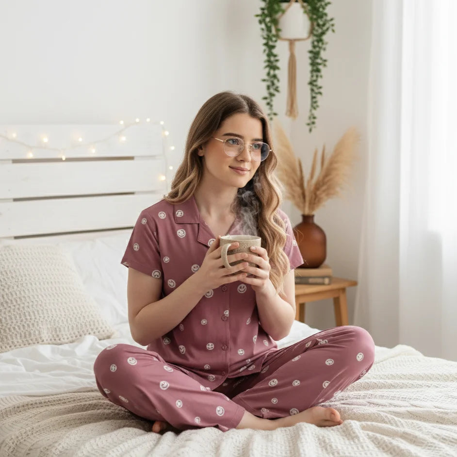 Smiley Collared Night Suit